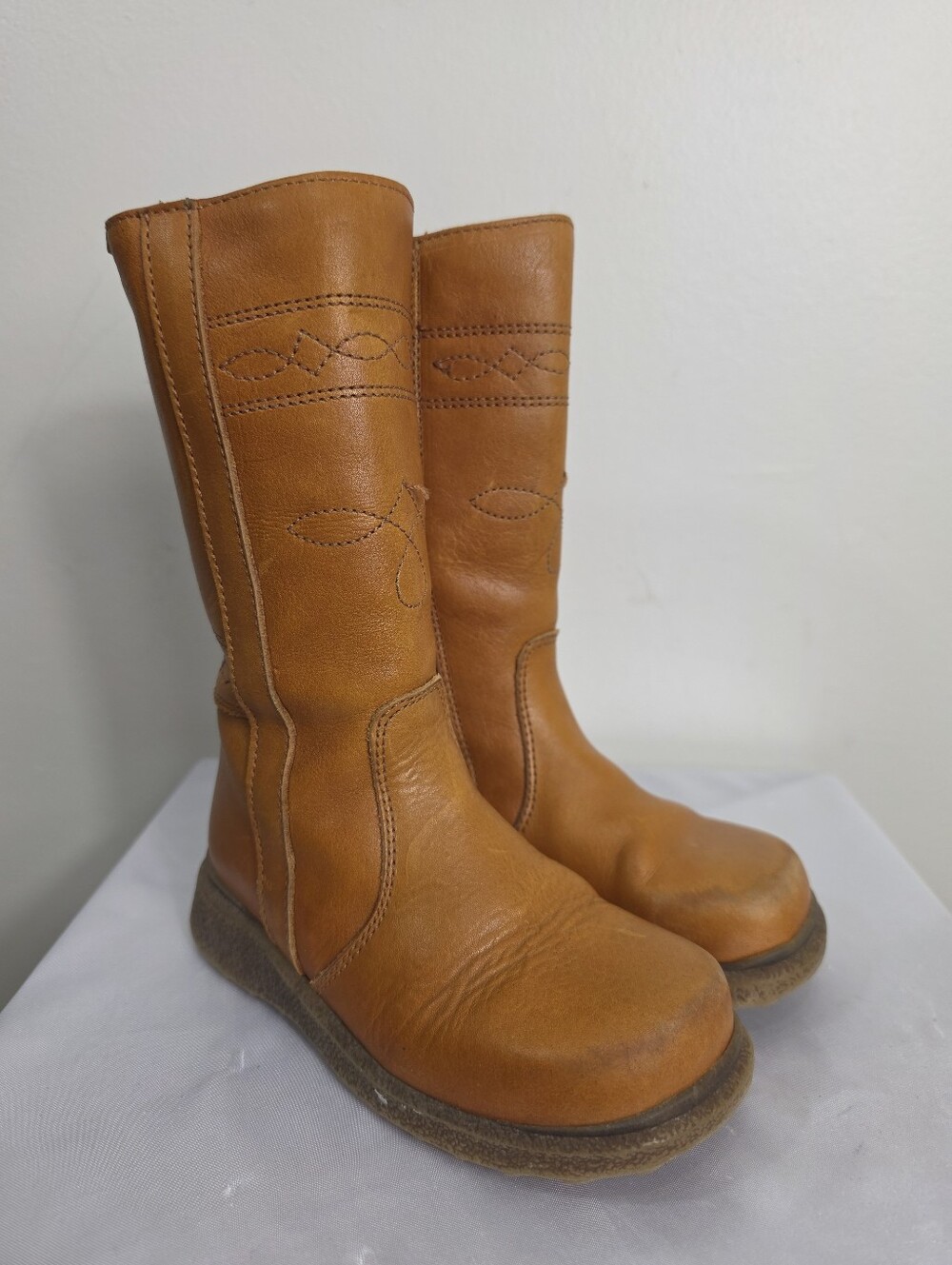 Kids Tan Leather Mid-Calf Boots - Classic Stitch Detail